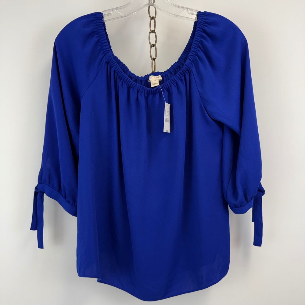J.Crew Blouse Women's XS Blue Elastic Neck 3/4 Sleeve Tie‎ Cuff NWT
